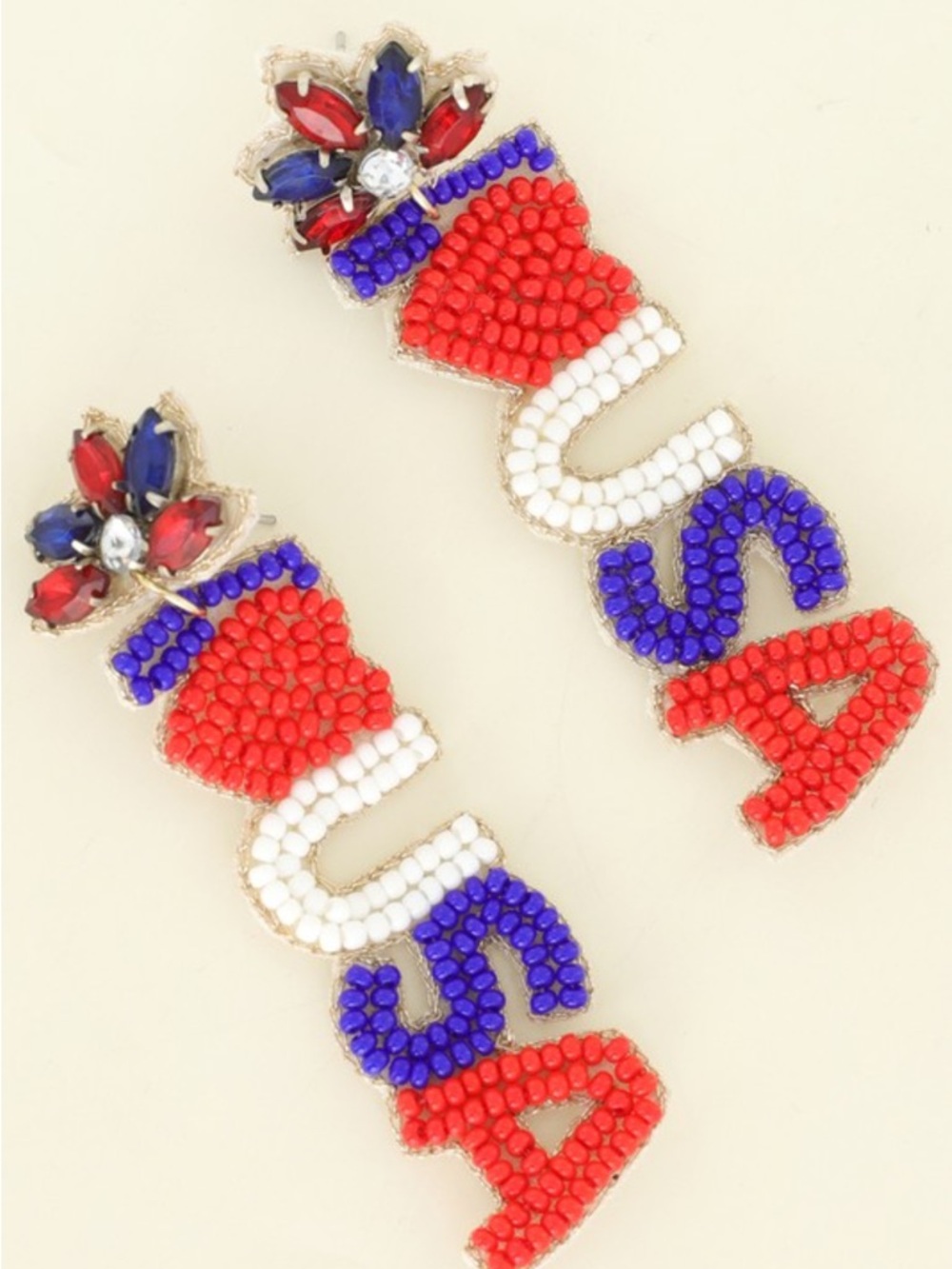 2027. Jeweled patriotic I Love USA beaded earrings